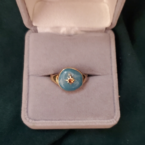 Vintage Gold Tone & Blue Emamel Turquoise Celstial Star Ring Size 7 Mid Mod - Picture 7 of 7